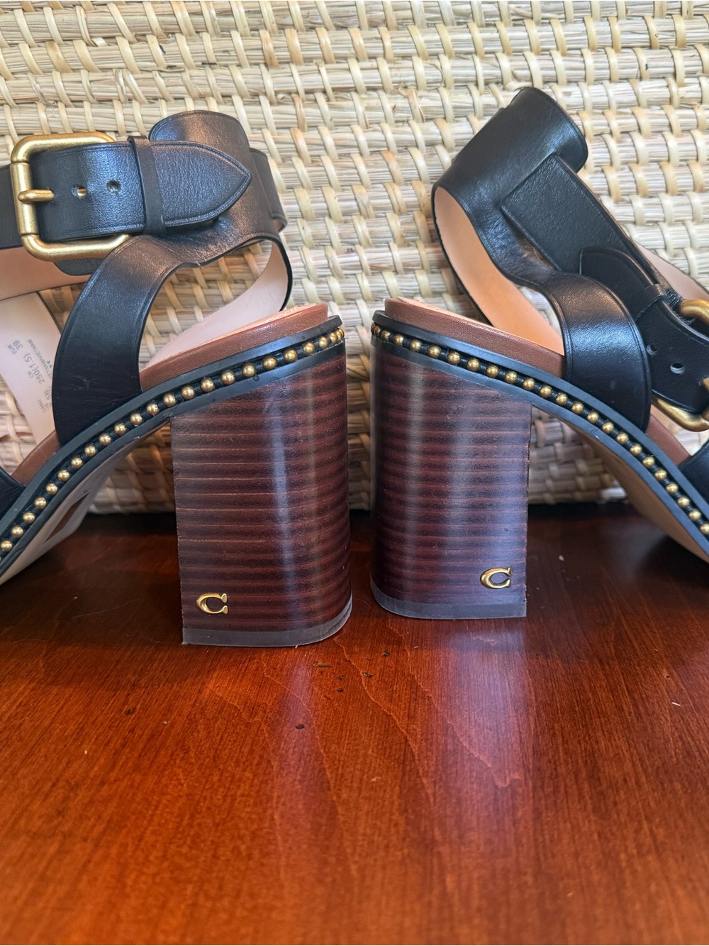 Coach Black Leather & Suede Block Heel Sandals with Gold Buckle - Picture 2 of 6